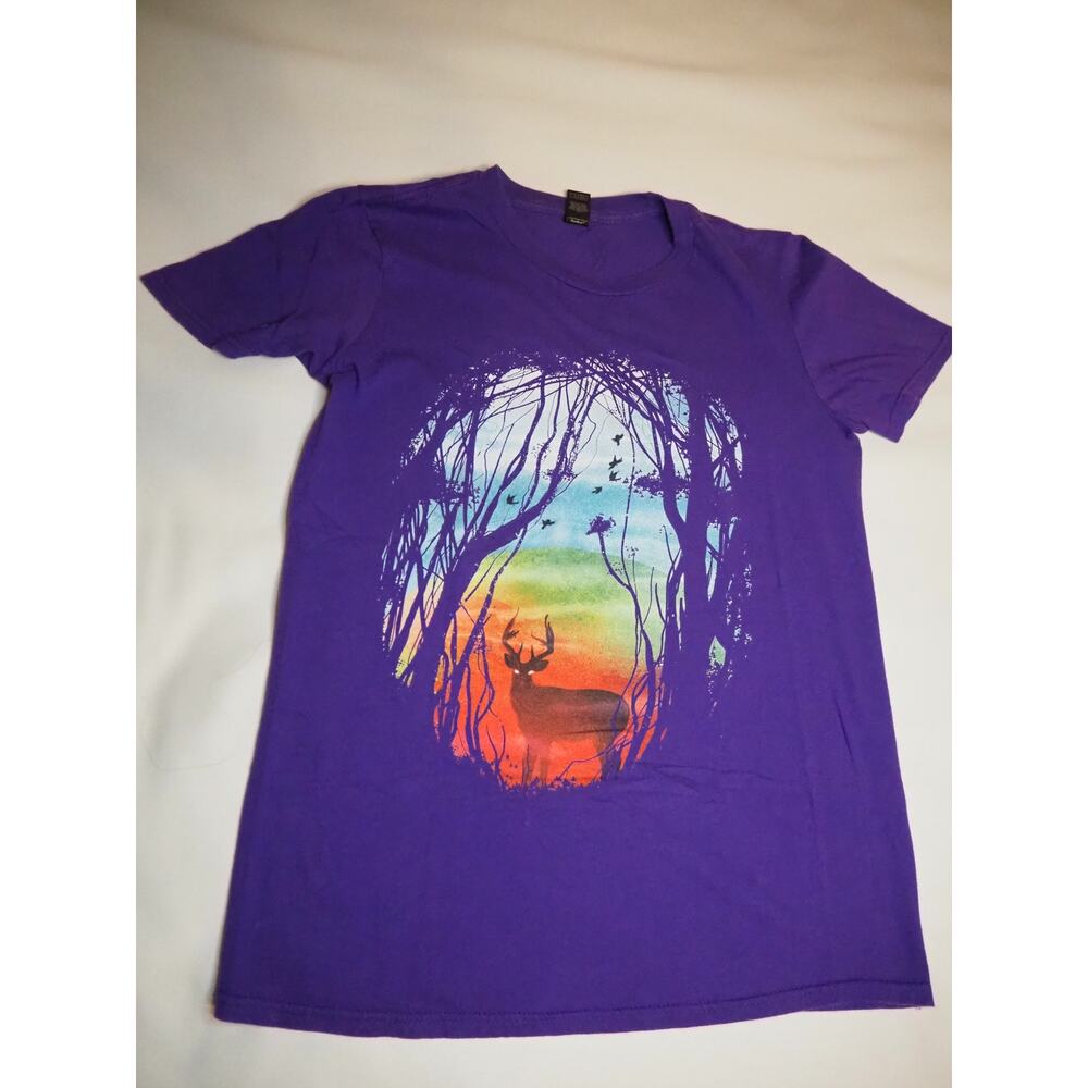 Anvil Womens Small Purple Stag Deer Forest Rainbow Graphic T Shirt Cotton Boho